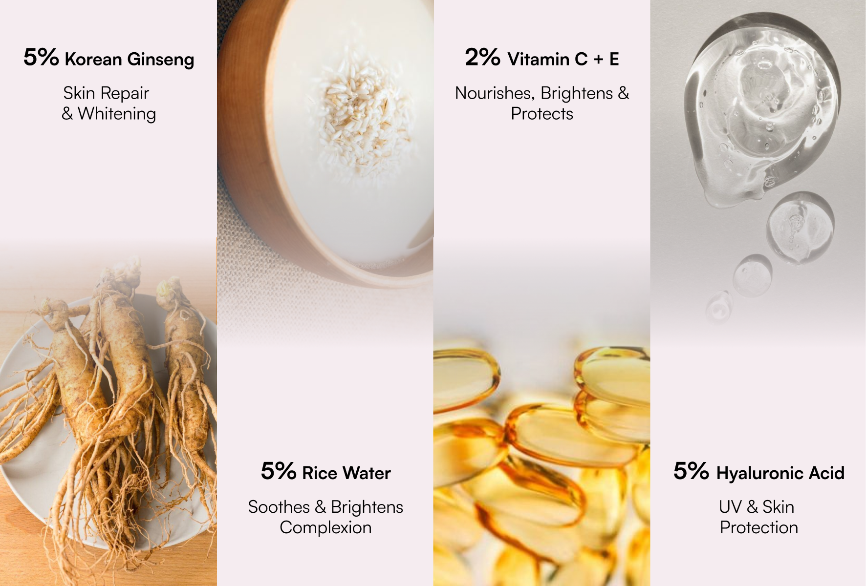 Tilt Cleanser ingredient breakdown — Korean Ginseng, Rice Water, Vitamin C+E, Hyaluronic Acid